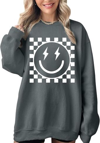 سويت شيرت برسومات كبيرة الحجم للنساء سويت شيرت ذو وجه مبتسم بلوفر لطيف بياقة دائرية كاجوال فضفاض بأكمام طويلة in Kuwait