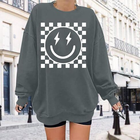 سويت شيرت برسومات كبيرة الحجم للنساء سويت شيرت ذو وجه مبتسم بلوفر لطيف بياقة دائرية كاجوال فضفاض بأكمام طويلة in Kuwait