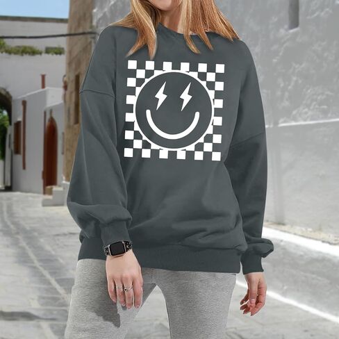 سويت شيرت برسومات كبيرة الحجم للنساء سويت شيرت ذو وجه مبتسم بلوفر لطيف بياقة دائرية كاجوال فضفاض بأكمام طويلة in Kuwait