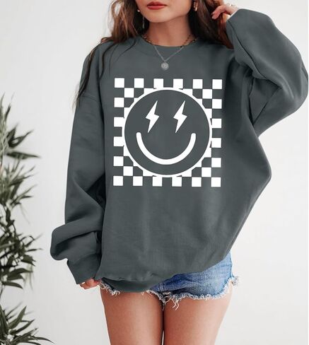 سويت شيرت برسومات كبيرة الحجم للنساء سويت شيرت ذو وجه مبتسم بلوفر لطيف بياقة دائرية كاجوال فضفاض بأكمام طويلة in Kuwait