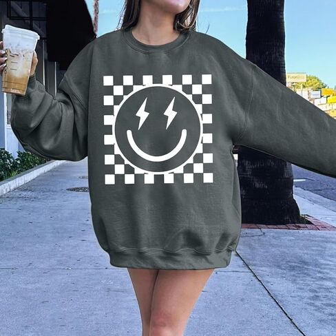 سويت شيرت برسومات كبيرة الحجم للنساء سويت شيرت ذو وجه مبتسم بلوفر لطيف بياقة دائرية كاجوال فضفاض بأكمام طويلة in Kuwait