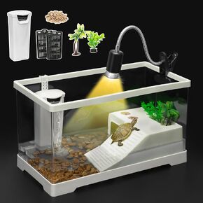 AZV Small Turtle Tank Kit,PC Starter Aquarium Indoor,Red Eared Slider Aquatic for Baby Tortoise,Fishes and Amphibians,Include Basking Platform*1,Filter*1,Filter Plates*2,Plants*2,Lamp*1,Bulb*1,Stone*1 in Kuwait