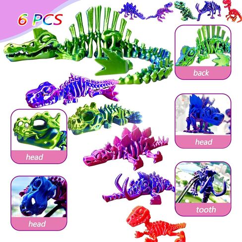 6pcs هياكل عظمية للديناصورات المطبوعة ثلاثية الأبعاد ، T-rex triceratops Stegosaurus Velociraptor Spinosaurus Toys ، ألعاب حيوانات التنين المطبوعة ثلاثية الأبعاد ، لعبة Dragon Fidget Toy Kids ، ألعاب ديناصور للأطفال 5-7 هدايا مكتبية in Kuwait