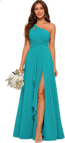 فساتين وصيفة العروس بكتف واحد للنساء من الشيفون فستان سهرة رسمي طويل مكشكش لحفلات الزفاف 2025 in Kuwait