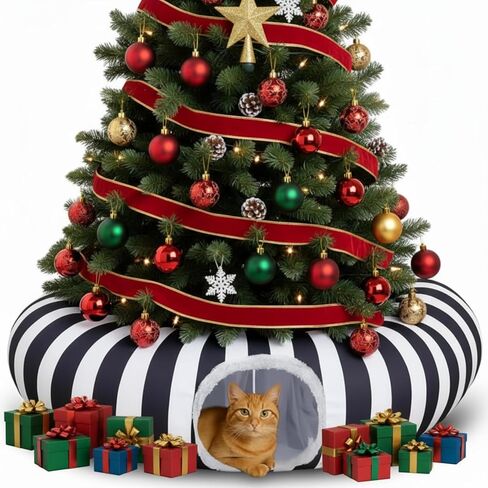 Frienda Cat Tunnel Bed Under Halloween Tree Sandworm Kitten Donut Tunnel with Cushion and Ball Toy Detachable Black and White Stripes Peekaboo Cat Cave for Kitten, Puppy, Rabbit, Small Animals in Saudi Arabia