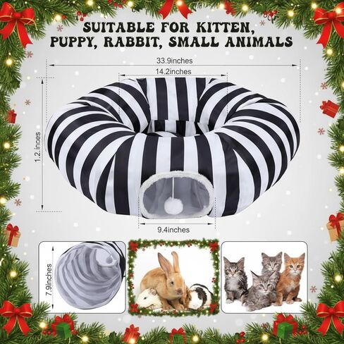 Frienda Cat Tunnel Bed Under Halloween Tree Sandworm Kitten Donut Tunnel with Cushion and Ball Toy Detachable Black and White Stripes Peekaboo Cat Cave for Kitten, Puppy, Rabbit, Small Animals in Saudi Arabia