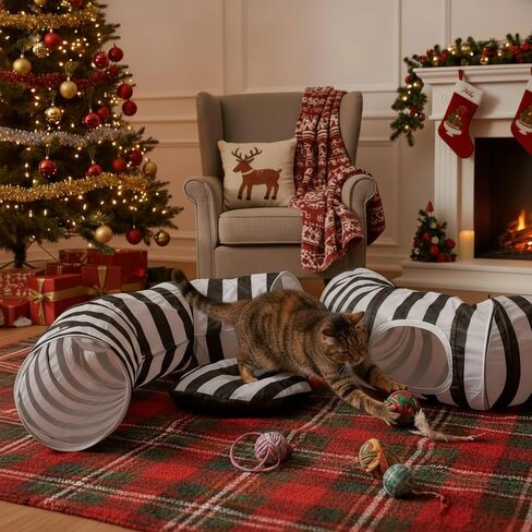 Frienda Cat Tunnel Bed Under Halloween Tree Sandworm Kitten Donut Tunnel with Cushion and Ball Toy Detachable Black and White Stripes Peekaboo Cat Cave for Kitten, Puppy, Rabbit, Small Animals in Saudi Arabia
