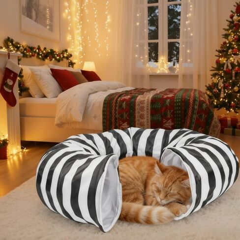Frienda Cat Tunnel Bed Under Halloween Tree Sandworm Kitten Donut Tunnel with Cushion and Ball Toy Detachable Black and White Stripes Peekaboo Cat Cave for Kitten, Puppy, Rabbit, Small Animals in Saudi Arabia