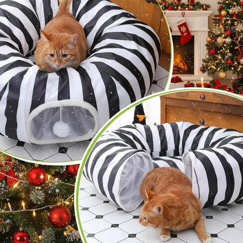 Frienda Cat Tunnel Bed Under Halloween Tree Sandworm Kitten Donut Tunnel with Cushion and Ball Toy Detachable Black and White Stripes Peekaboo Cat Cave for Kitten, Puppy, Rabbit, Small Animals in Saudi Arabia