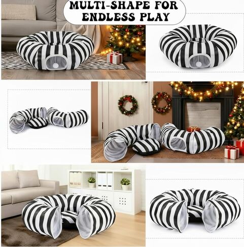 Frienda Cat Tunnel Bed Under Halloween Tree Sandworm Kitten Donut Tunnel with Cushion and Ball Toy Detachable Black and White Stripes Peekaboo Cat Cave for Kitten, Puppy, Rabbit, Small Animals in Saudi Arabia