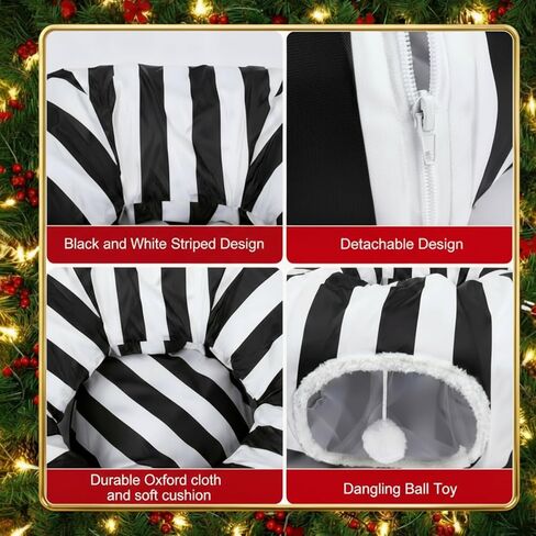 Frienda Cat Tunnel Bed Under Halloween Tree Sandworm Kitten Donut Tunnel with Cushion and Ball Toy Detachable Black and White Stripes Peekaboo Cat Cave for Kitten, Puppy, Rabbit, Small Animals in Saudi Arabia