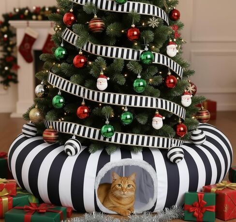 Frienda Cat Tunnel Bed Under Halloween Tree Sandworm Kitten Donut Tunnel with Cushion and Ball Toy Detachable Black and White Stripes Peekaboo Cat Cave for Kitten, Puppy, Rabbit, Small Animals in Saudi Arabia