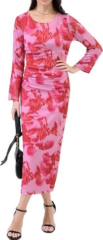 DERAX Women's Long Sleeve Mesh Floral Maxi Dress Formal Ruched Bodycon Dresses Fall Fitted Club Dresses with Slit in Kuwait
