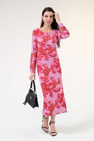 DERAX Women's Long Sleeve Mesh Floral Maxi Dress Formal Ruched Bodycon Dresses Fall Fitted Club Dresses with Slit in Kuwait