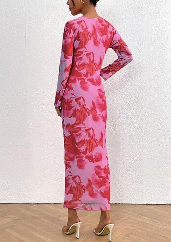 DERAX Women's Long Sleeve Mesh Floral Maxi Dress Formal Ruched Bodycon Dresses Fall Fitted Club Dresses with Slit in Kuwait