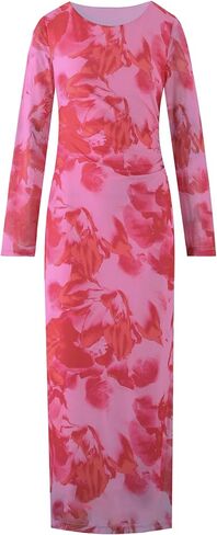 DERAX Women's Long Sleeve Mesh Floral Maxi Dress Formal Ruched Bodycon Dresses Fall Fitted Club Dresses with Slit in Kuwait