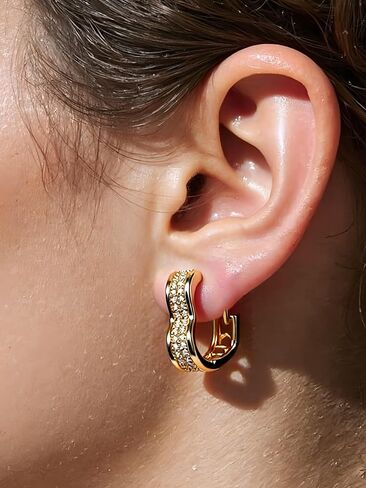 Champagne Gold Plated Studded Heart Shaped Small Huggie Hoops Earrings,Geometric Minimalist,Single-Sided Cubic Zirconia CZ Chunky Lightweight Fashion Jewelry for Women Trendy,14k gold plated in Saudi Arabia