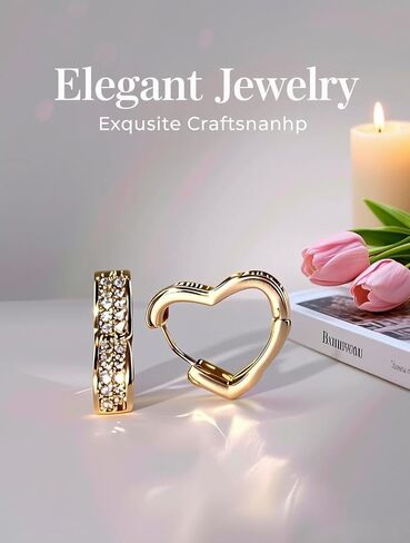 Champagne Gold Plated Studded Heart Shaped Small Huggie Hoops Earrings,Geometric Minimalist,Single-Sided Cubic Zirconia CZ Chunky Lightweight Fashion Jewelry for Women Trendy,14k gold plated in Saudi Arabia
