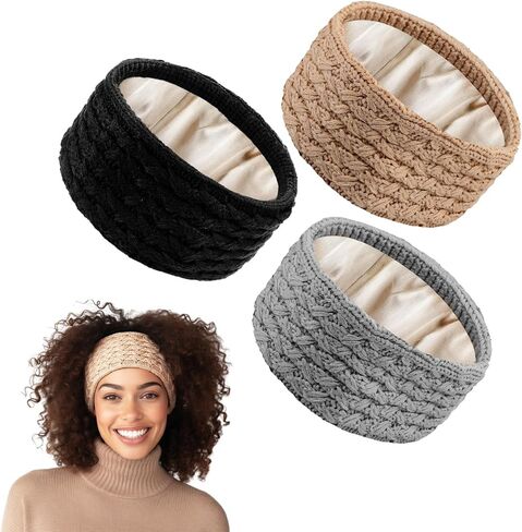 3 Pack Satin Lined Winter Headbands for Women, Silk Lined Beanie Caps Ear Warmers Winter Warm Knit Ear Muffs Head Wrap for Natural Curly Ponytail Hair in Saudi Arabia