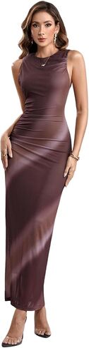 Women's Tie Dye Mesh Tank Dresses Mock Neck Elegant Ruched Sleeveless Fitted Maxi Dress in Saudi Arabia