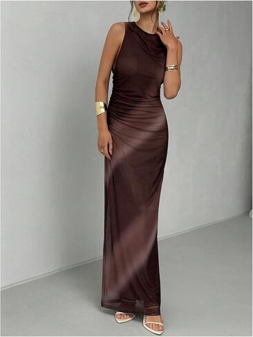 Women's Tie Dye Mesh Tank Dresses Mock Neck Elegant Ruched Sleeveless Fitted Maxi Dress in Saudi Arabia