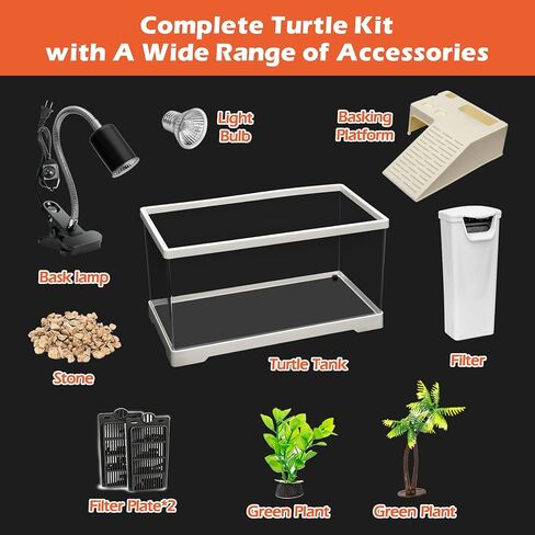 AZV Small Turtle Tank Kit,PC Starter Aquarium Indoor,Red Eared Slider Aquatic for Baby Tortoise,Fishes and Amphibians,Include Basking Platform*1,Filter*1,Filter Plates*2,Plants*2,Lamp*1,Bulb*1,Stone*1 in Kuwait