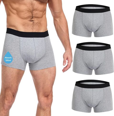 Incontinence Underwear for Men - 100ml Absorbency | Leakproof & Odor-Control | Reusable Washable Bladder Control Boxer Briefs | High-Waist for Night & Active Use [3-Pack] (Grey, L) in Kuwait