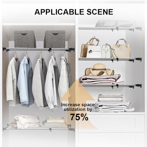 Hershii توتر الرف القابل للتوسيع قضبان قضيب خزانة الملابس الثقيلة شماعات الملابس القابلة للتعديل DIY منظم أقسام قابلة للتجني in Kuwait