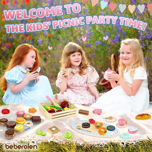 مجموعة شاي مكان للأطفال الصغار 3-5 فتيات الصبي هدية التظاهر بلعب طعام النزهة الخشبية في الهواء الطلق ألعاب الأطفال سن 2 3 4 5 6 تعليمية خشبية in Kuwait