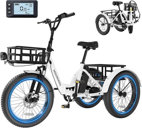 دراجة ثلاثية العجلات كهربائية من MOONCOOL للبالغين، 500 وات/750 وات 48 فولت طاقة ذروة كهربائية قابلة للطي 1100 وات، إطار سمين 20 × 3.0 بوصة، دراجة ثلاثية العجلات من الألومنيوم، دراجة ثلاثية العجلات من الألومنيوم مع بطارية قابلة للإزالة، تفاضلي خلفي in Kuwait