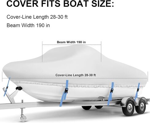 غطاء قارب 28-30 قدم، غطاء قارب مقاوم للماء 1200D عالي التحمل، أغطية قارب بوليستر من الدرجة البحرية من البولي يوريثان 28-30 قدم، يناسب الجهير، V-Hull، Tri-Hull، Runabout، Jon، Fishing، Trailerable، Beam Width 190 بوصة in Kuwait