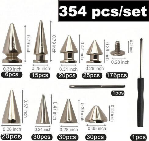 354 Pieces Punk Spikes and Studs Kit - 8 Sizes Cone Spikes, Metal Tree Spikes Studs for Leathercraft, Punk Clothing DIY Accessories in Kuwait