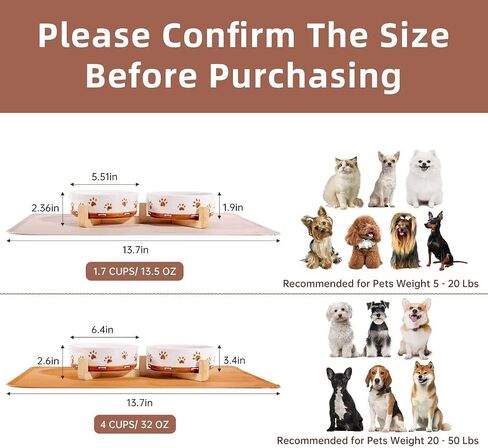 Ceramic Dog Bowls for Small and Medium Dogs, 32 OZ Dog Food and Water Bowl Set with Wooden Stand and Non-Slip Silicone Food Mat, Weighted Embossed Cute Puppy Bowls Feeding Dishes Set of 2 in Saudi Arabia