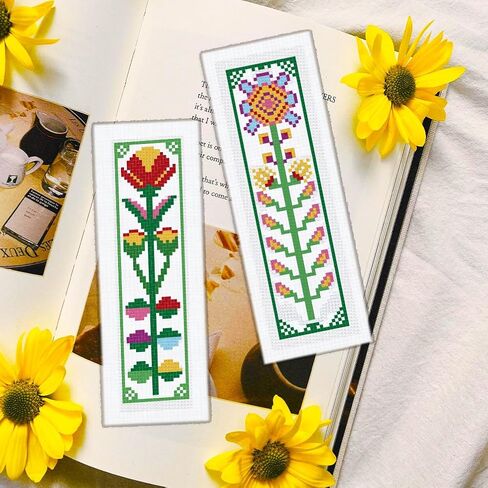Infunly 12pcs Boho Flower Cross Strick Stitch Kit for Beginners DIY Plaid Flower Flower Stampered Borkmark Mongmark Kits Floralpoint Kit مع تعليمات سهلة المتقاطع مجموعة غرزة لمحبي الكتب in Saudi Arabia