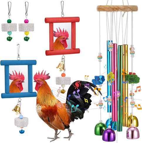 7 Pcs Chicken Toys, Hanging Chicken Wind Chime, 2 Pcs Coop Mirror Toys with Bells 4 Pack Beak Grinding Stones, Musical Coop Accessories for Hens Roosters Chicks Poultry Birds(Pink，Yellow) in Saudi Arabia