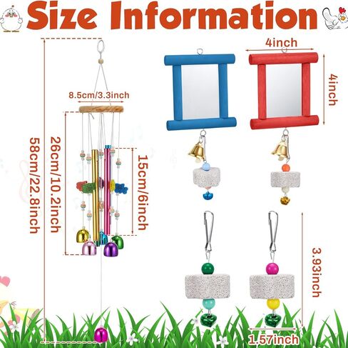 7 Pcs Chicken Toys, Hanging Chicken Wind Chime, 2 Pcs Coop Mirror Toys with Bells 4 Pack Beak Grinding Stones, Musical Coop Accessories for Hens Roosters Chicks Poultry Birds(Pink，Yellow) in Saudi Arabia