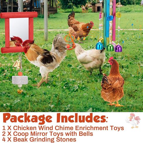 7 Pcs Chicken Toys, Hanging Chicken Wind Chime, 2 Pcs Coop Mirror Toys with Bells 4 Pack Beak Grinding Stones, Musical Coop Accessories for Hens Roosters Chicks Poultry Birds(Pink，Yellow) in Saudi Arabia