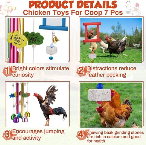 7 Pcs Chicken Toys, Hanging Chicken Wind Chime, 2 Pcs Coop Mirror Toys with Bells 4 Pack Beak Grinding Stones, Musical Coop Accessories for Hens Roosters Chicks Poultry Birds(Pink，Yellow) in Saudi Arabia