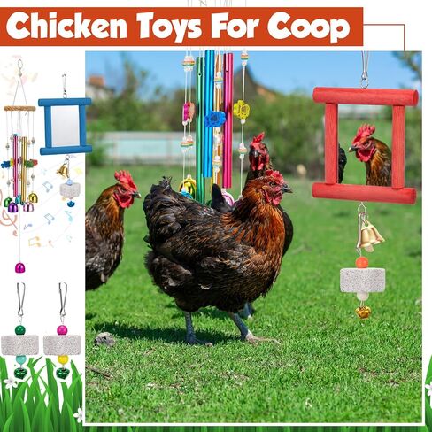 7 Pcs Chicken Toys, Hanging Chicken Wind Chime, 2 Pcs Coop Mirror Toys with Bells 4 Pack Beak Grinding Stones, Musical Coop Accessories for Hens Roosters Chicks Poultry Birds(Pink，Yellow) in Saudi Arabia