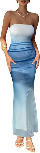 فستان GORGLITTER النسائي ذو اللون المتدرج بدون حمالات Bodycon ماكسي بدون أكمام شبكي شفاف in Kuwait