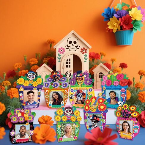 Day of the Dead Decorations - يوم من أطر الصور الورقية DEY الميتة ، قم بتعيين ملصقات زهرة السكر المكسيكية لإطارات الصور ليوم الجدار الميت معلق ديكور أو عرض طاولة ميدان المكسيكي in Kuwait
