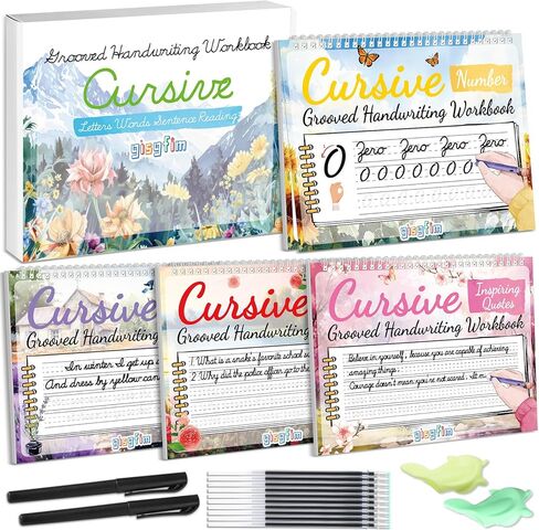GISGFIM 4 PACK GROOVED LURSIVE LREKBRING Forkbook Kit Magic Magic Grooved Handriting Practice مع اختفاء أقلام الحبر المبتذلة للطلاب من أجل الأطفال ، رسائل رسائل القراءة in Kuwait