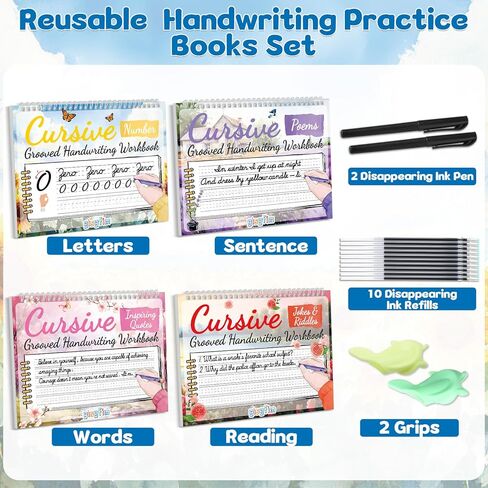GISGFIM 4 PACK GROOVED LURSIVE LREKBRING Forkbook Kit Magic Magic Grooved Handriting Practice مع اختفاء أقلام الحبر المبتذلة للطلاب من أجل الأطفال ، رسائل رسائل القراءة in Kuwait