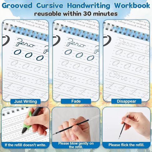 GISGFIM 4 PACK GROOVED LURSIVE LREKBRING Forkbook Kit Magic Magic Grooved Handriting Practice مع اختفاء أقلام الحبر المبتذلة للطلاب من أجل الأطفال ، رسائل رسائل القراءة in Kuwait
