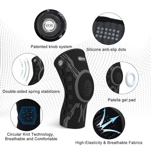 Kuangmi Knob Knee Brace for Pain Relief, Knee Support with Patella Gel Pad & Side Stabilizers, Compression Knee Sleeve for Workout, Arthritis, Joint Pain, Meniscus Tear (Black,Left,Large,Single) in Kuwait