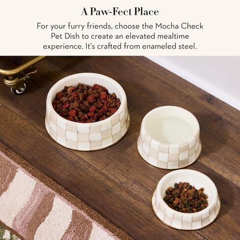 Mackenzie-Childs Pet Bowl ، وعاء قطب لطيف للقطط والكلاب للطعام والماء ، والتحقق من Mocha الكبير والبني والأبيض in Kuwait