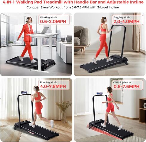 Portable Treadmills for Home, 3.5HP Electric Walking Pad Treadmill with Handle Bar & Adjustable Incline, 0.6-7.6MPH Compact Small Under The Desk Treadmill with Handles for Home Small Spaces, 350LBS in Saudi Arabia