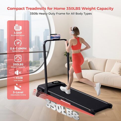 Portable Treadmills for Home, 3.5HP Electric Walking Pad Treadmill with Handle Bar & Adjustable Incline, 0.6-7.6MPH Compact Small Under The Desk Treadmill with Handles for Home Small Spaces, 350LBS in Saudi Arabia