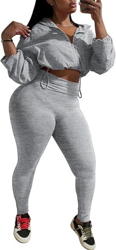 Ophestin Women 2 Piece Outfits Workout Sets Long Sleeve Zip Up Crop Jacket Bodycon Pant Tracksuit Jogging Suit in Saudi Arabia