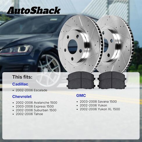 وسادات فرامل سيراميك أمامية وخلفية محفورة ومشقوقة من AutoShack | بديل لسيارة جي إم سي سافانا 1500 يوكون شيفروليه تاهو 2003-2008 إكسبريس 1500 | المغلفة الإلكترونية | طقم فرامل 12 قطعة | ShadowGuard in Kuwait